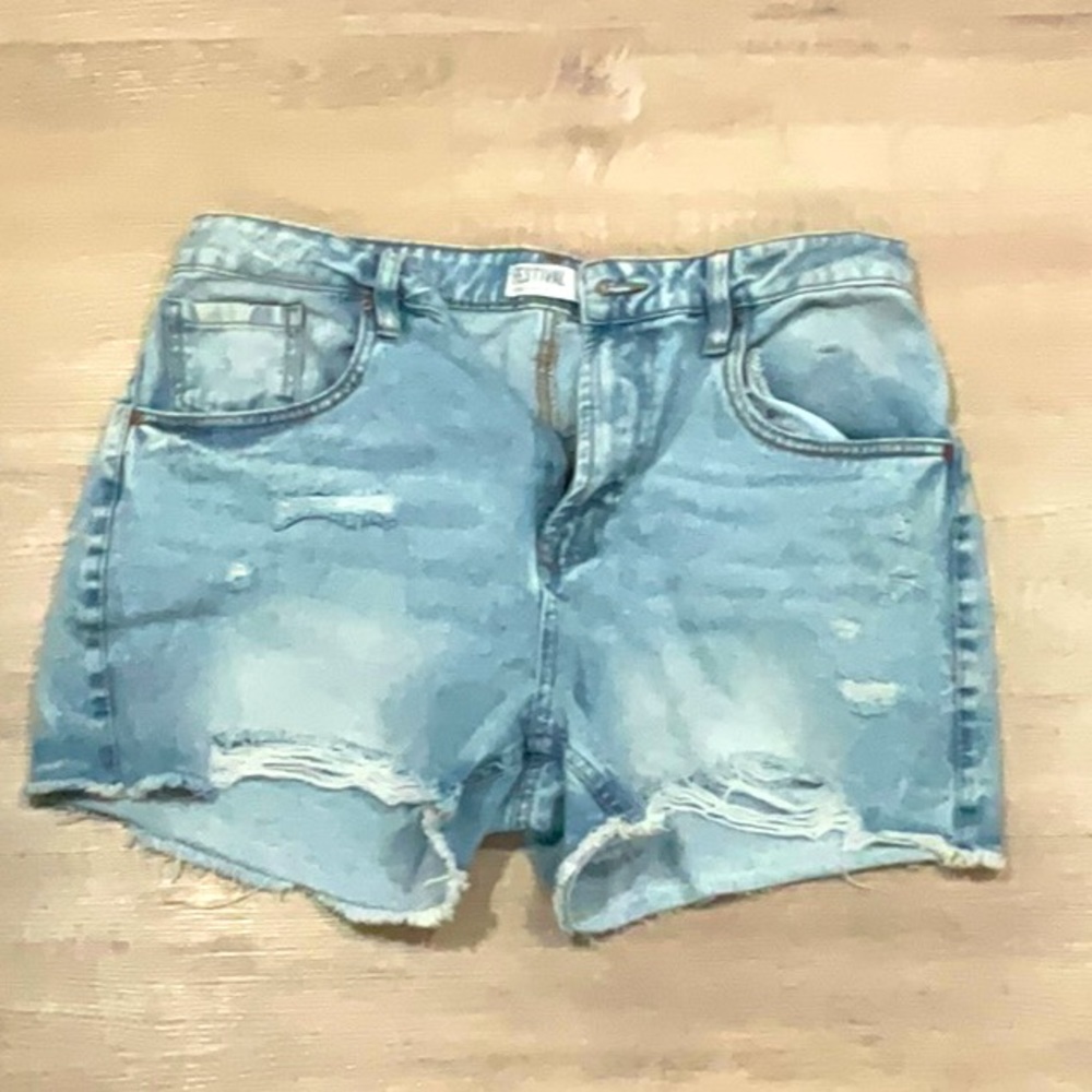(024) PacSun Eco Light Indigo Ripped High Waisted Denim Festival Shorts